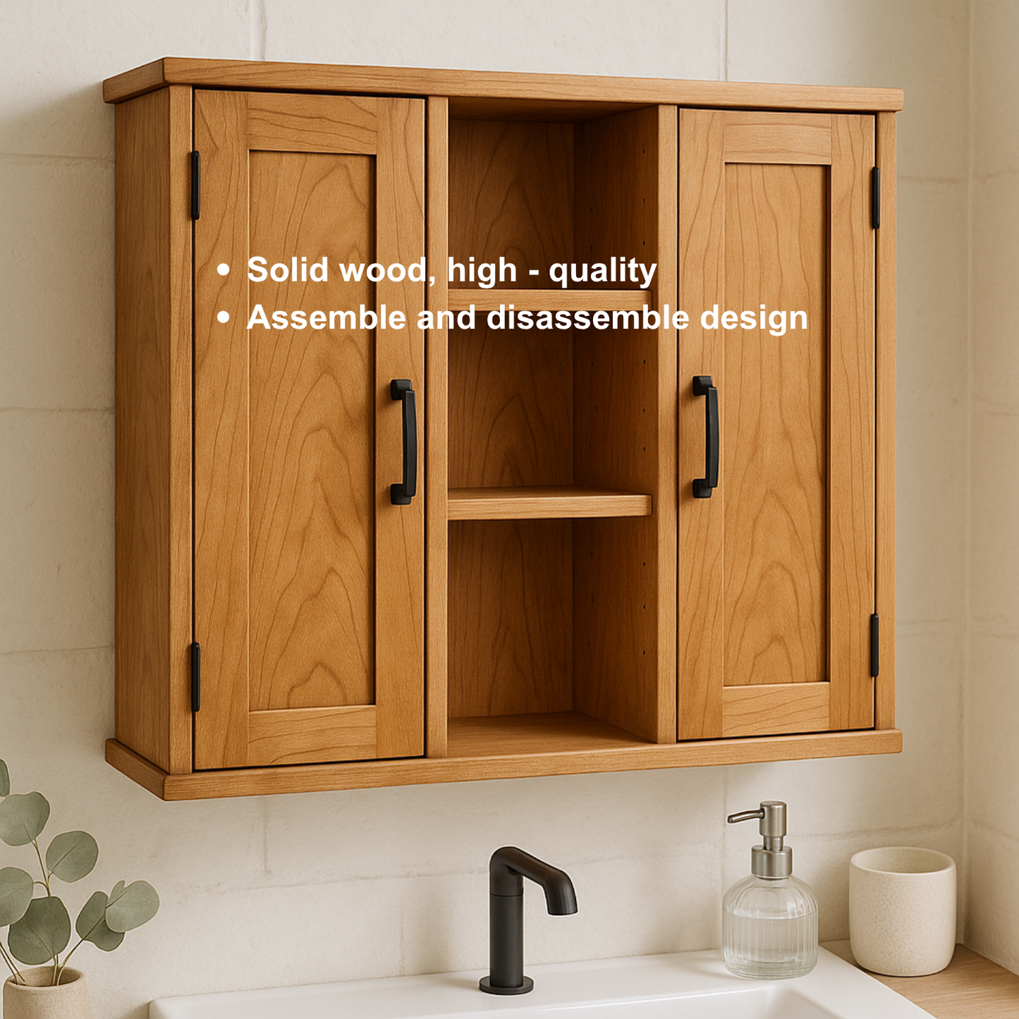 Handcrafted Solid Wood Wall Cabinet with Double Doors and Open Shelves Kitchnce