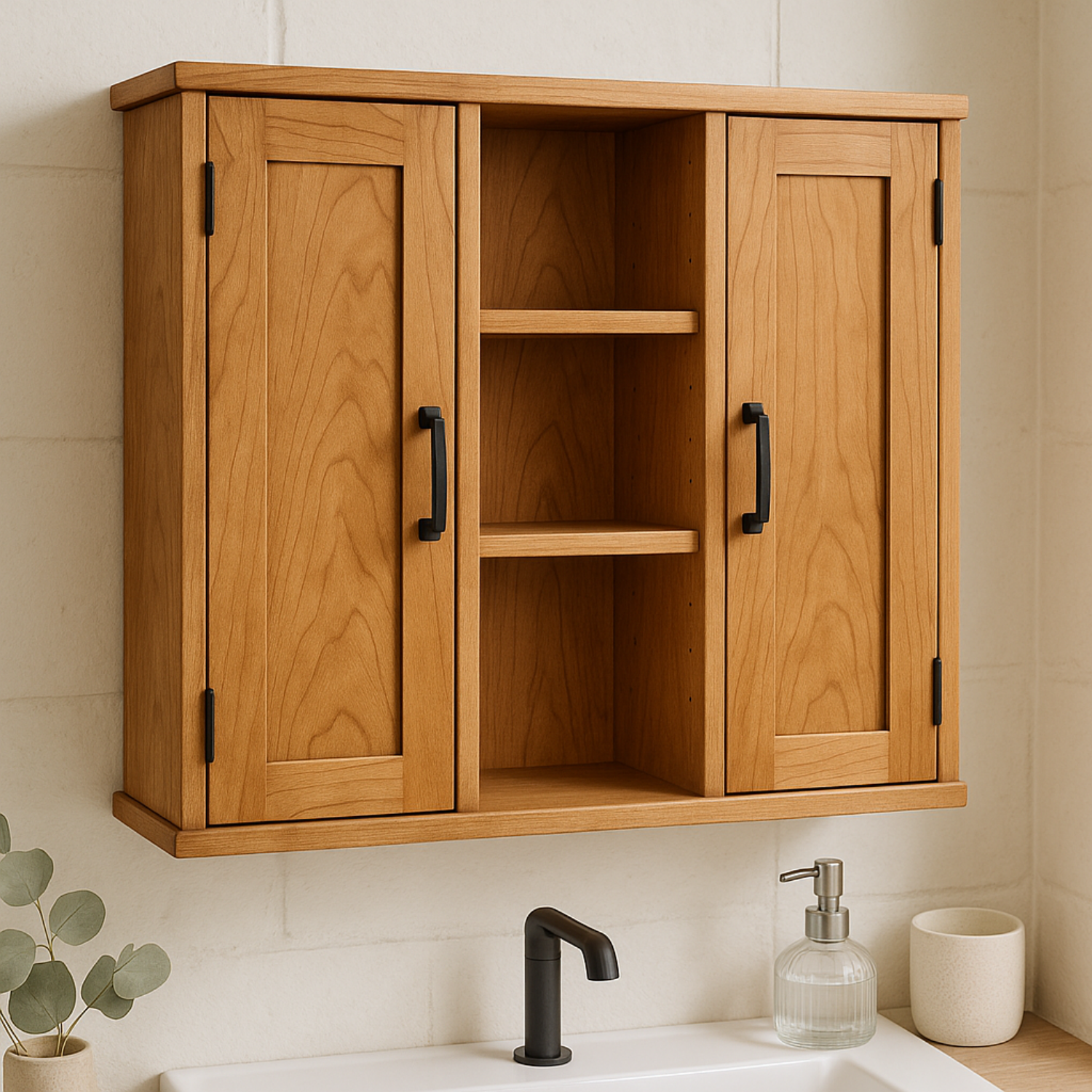 Handcrafted Solid Wood Wall Cabinet with Double Doors and Open Shelves Kitchnce