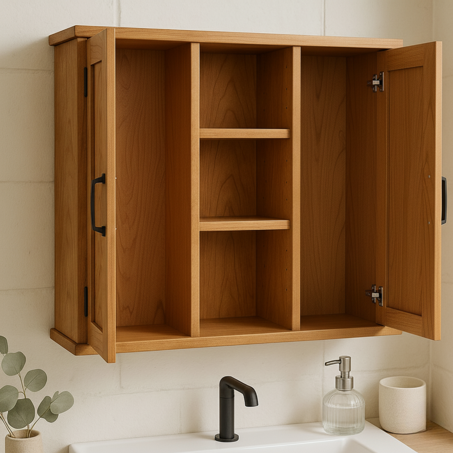 Handcrafted Solid Wood Wall Cabinet with Double Doors and Open Shelves Kitchnce