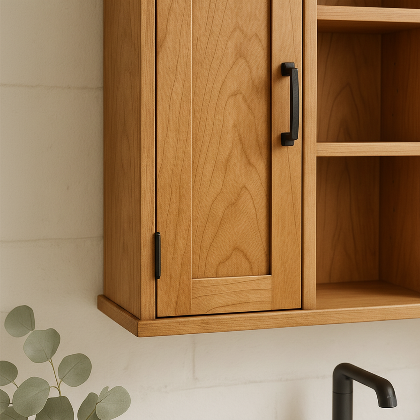 Handcrafted Solid Wood Wall Cabinet with Double Doors and Open Shelves Kitchnce