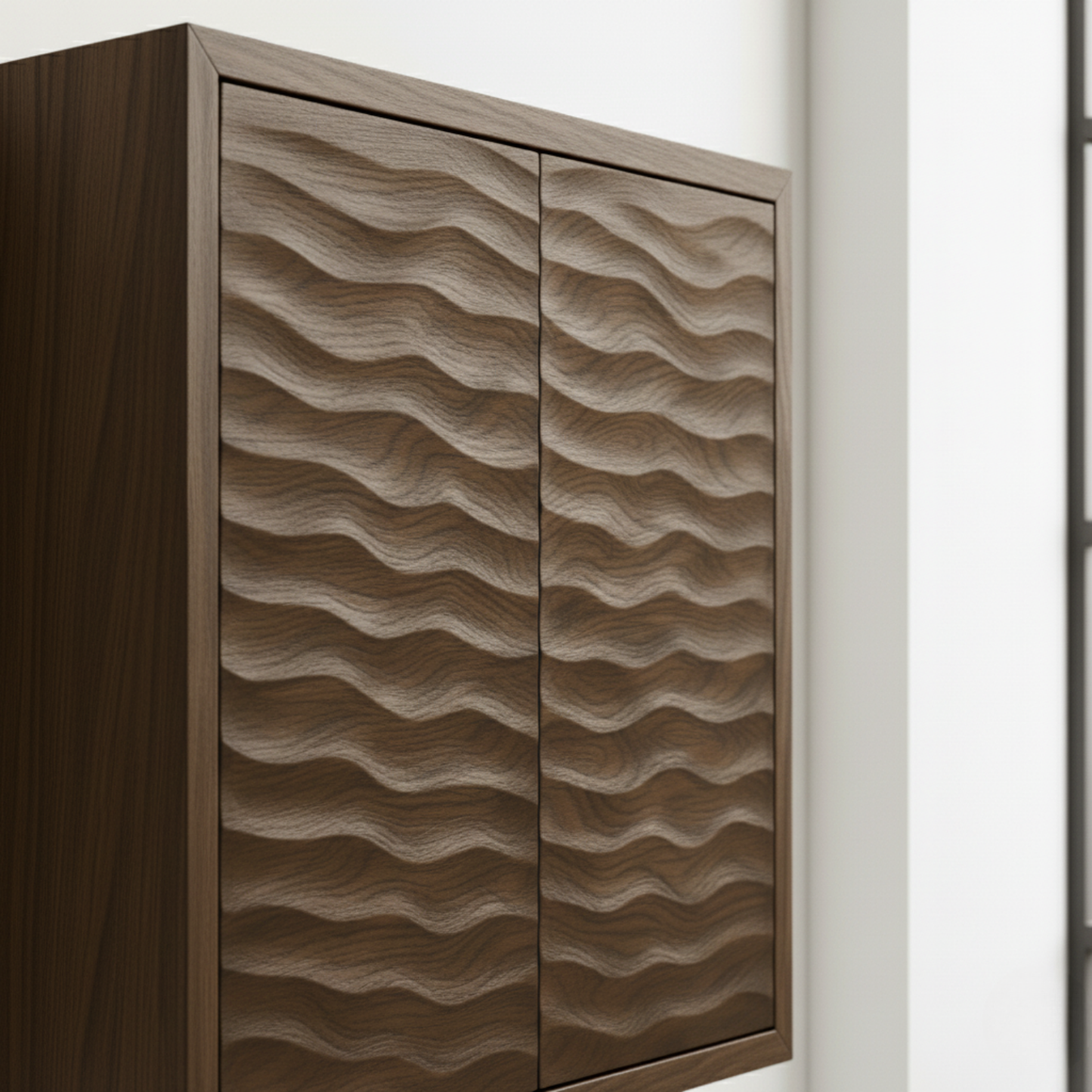 Handcrafted Solid Wood Wave Wall Cabinet with Double Doors for Modern Bathrooms Kitchnce