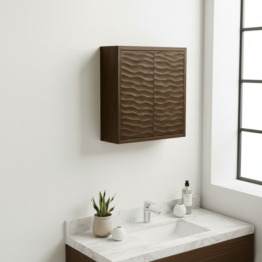 Handcrafted Solid Wood Wave Wall Cabinet with Double Doors for Modern Bathrooms Kitchnce