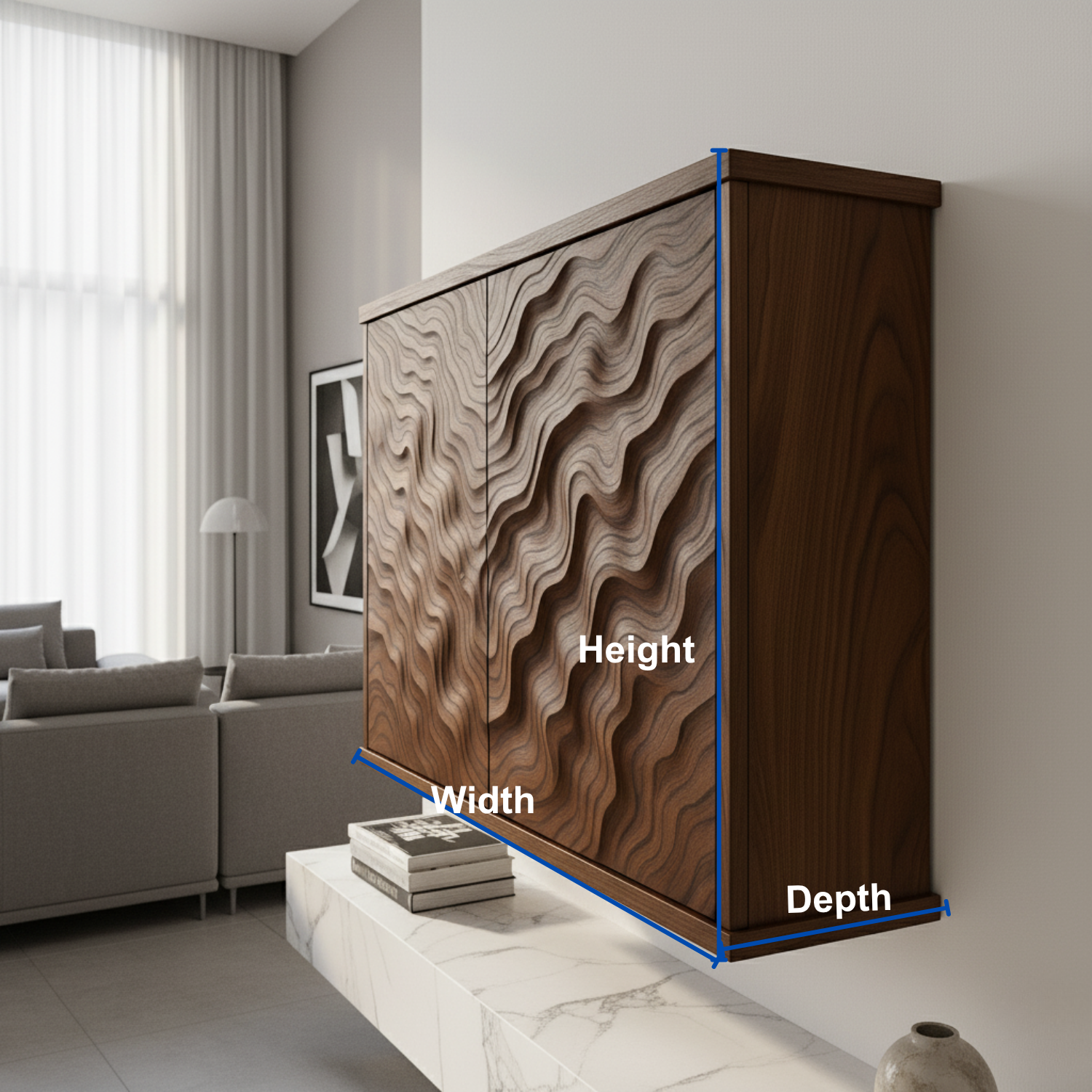 Handcrafted Solid Wood Wave Wall Cabinet with Sculpted Doors for Modern Interiors Kitchnce