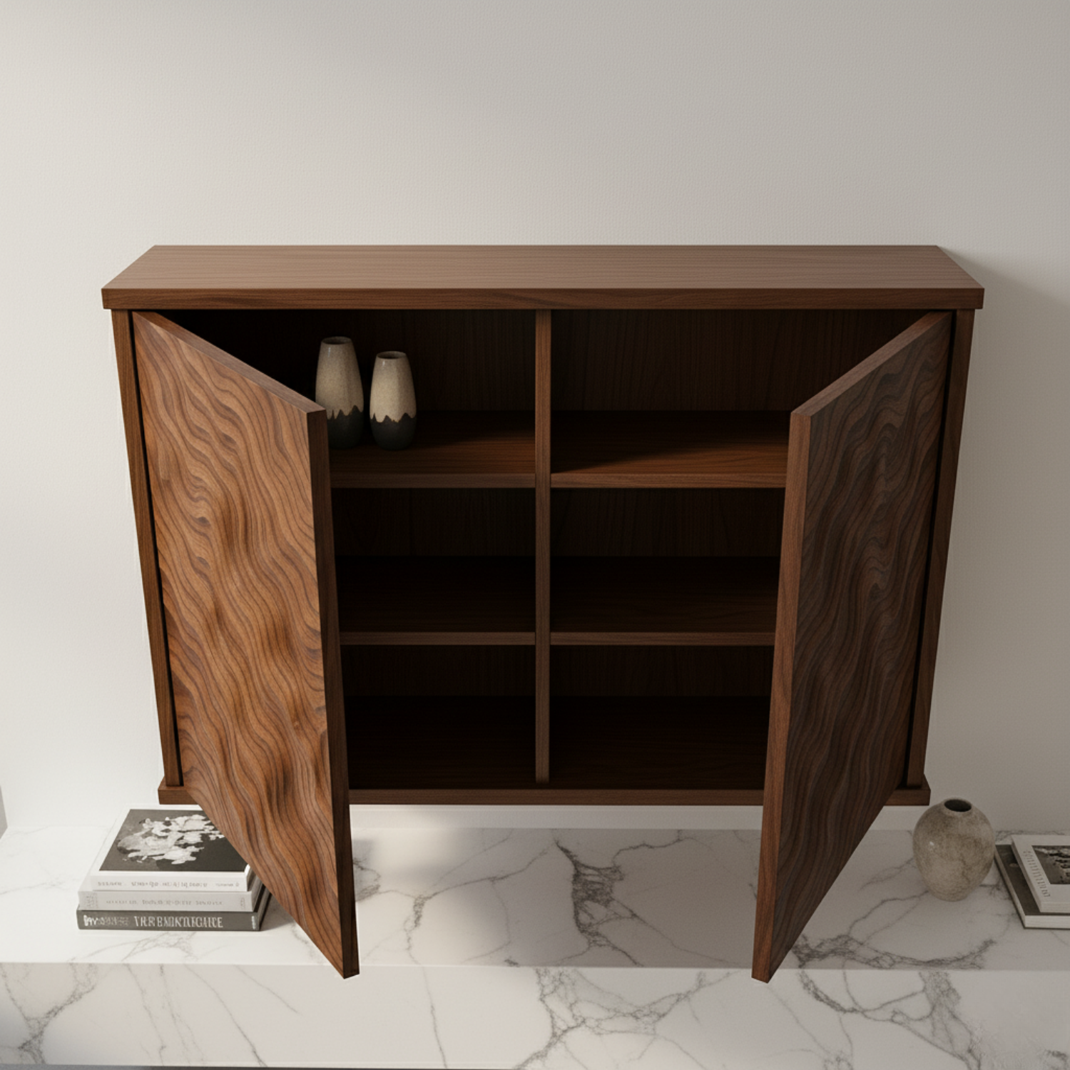 Handcrafted Solid Wood Wave Wall Cabinet with Sculpted Doors for Modern Interiors Kitchnce