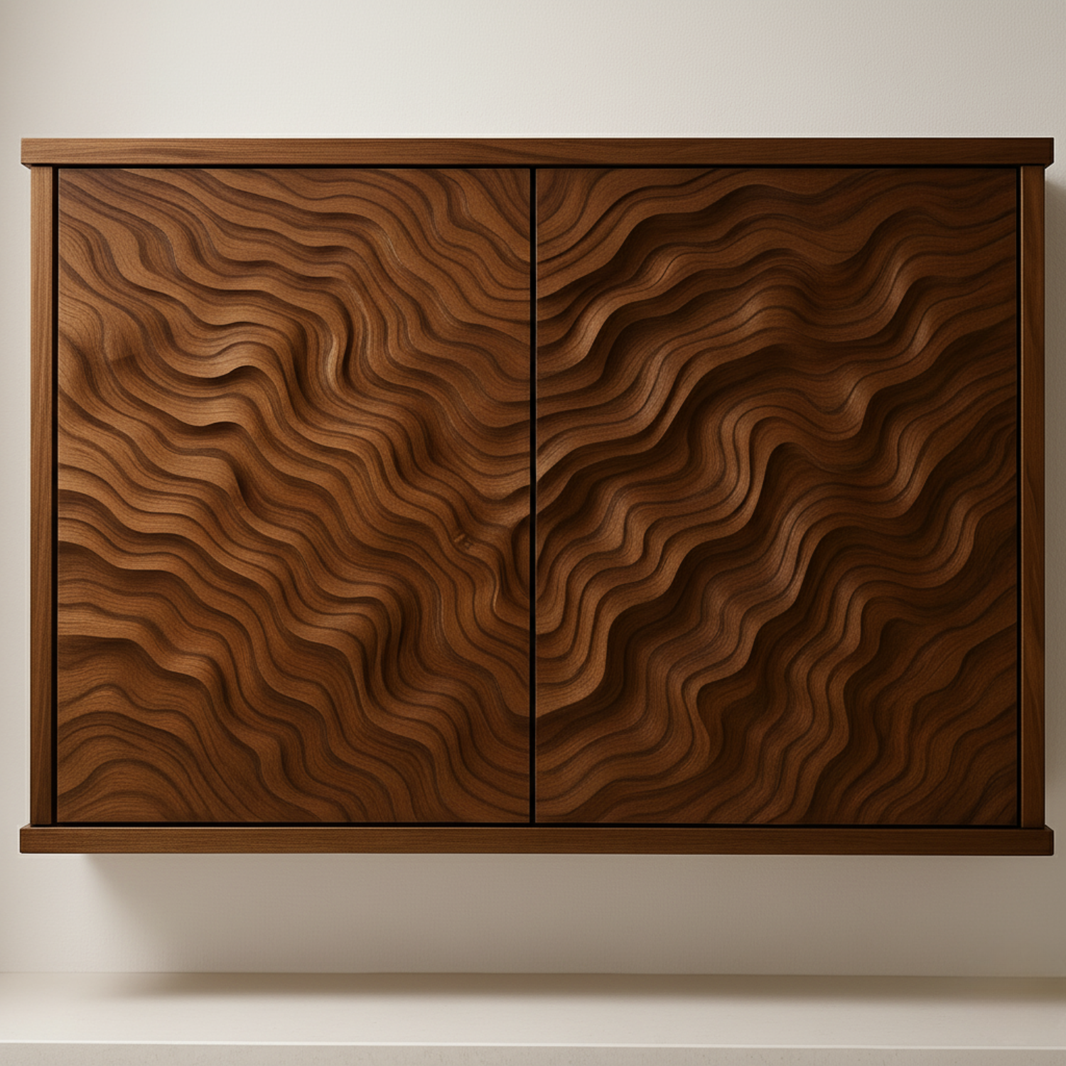 Handcrafted Solid Wood Wave Wall Cabinet with Sculpted Doors for Modern Interiors Kitchnce