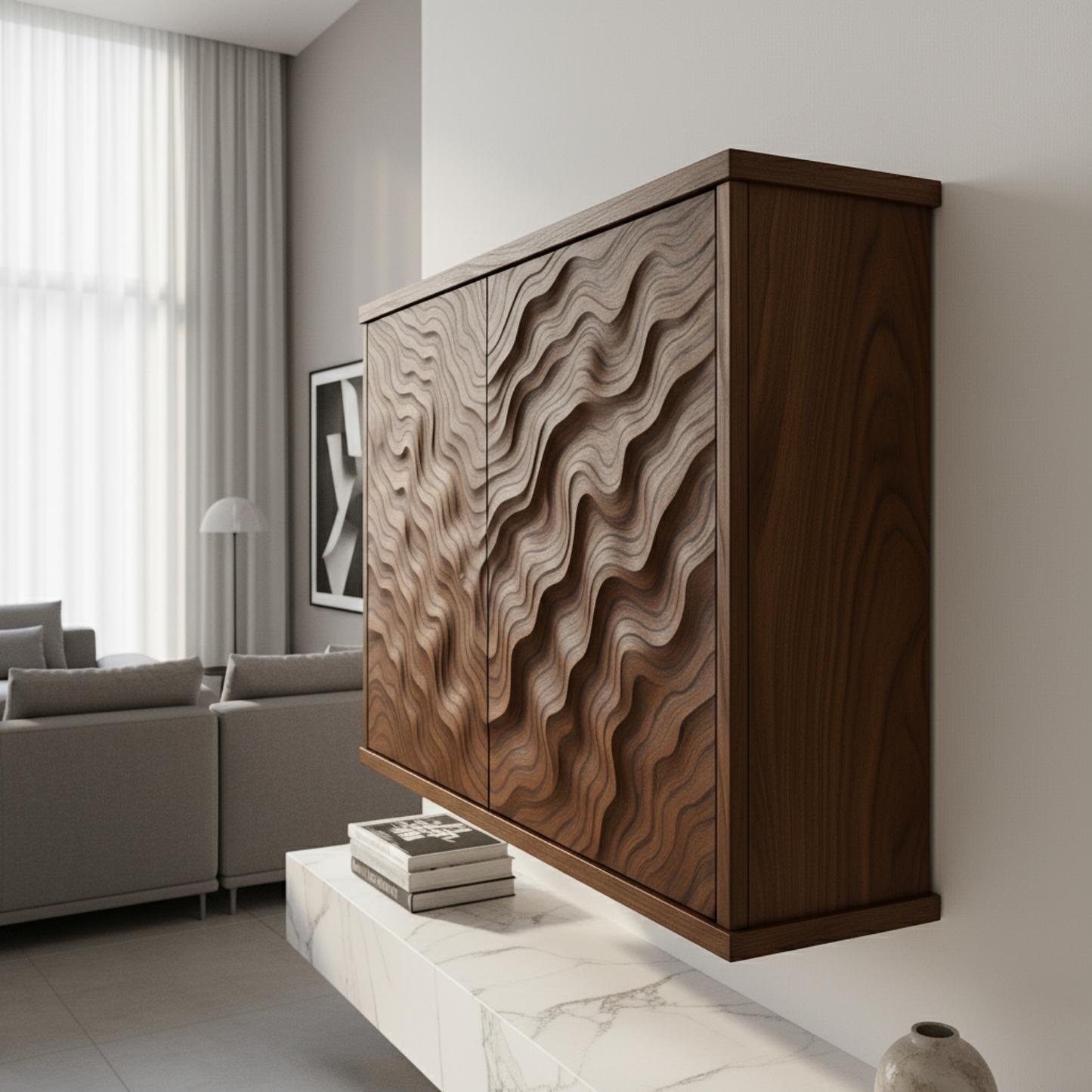 Handcrafted Solid Wood Wave Wall Cabinet with Sculpted Doors for Modern Interiors Kitchnce