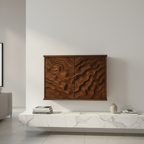 Handcrafted Solid Wood Wave Wall Cabinet with Sculpted Doors for Modern Interiors Kitchnce