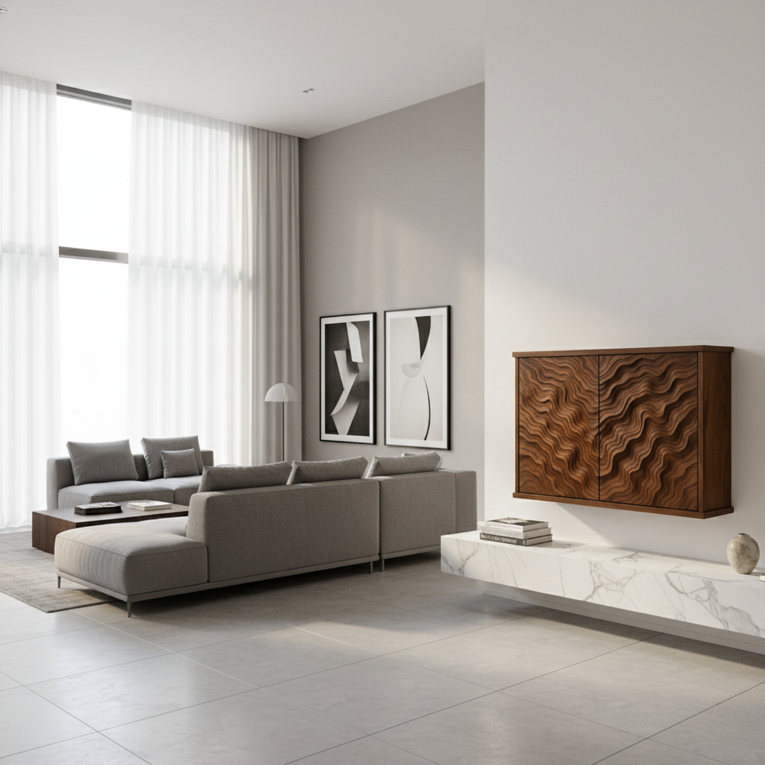 Handcrafted Solid Wood Wave Wall Cabinet with Sculpted Doors for Modern Interiors Kitchnce