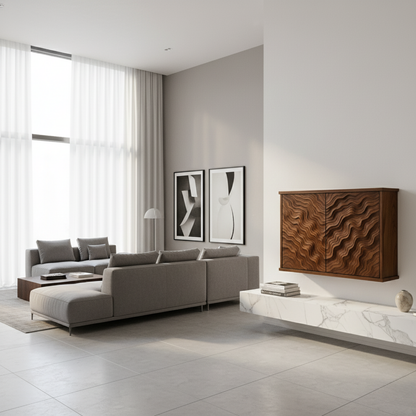 Handcrafted Solid Wood Wave Wall Cabinet with Sculpted Doors for Modern Interiors Kitchnce