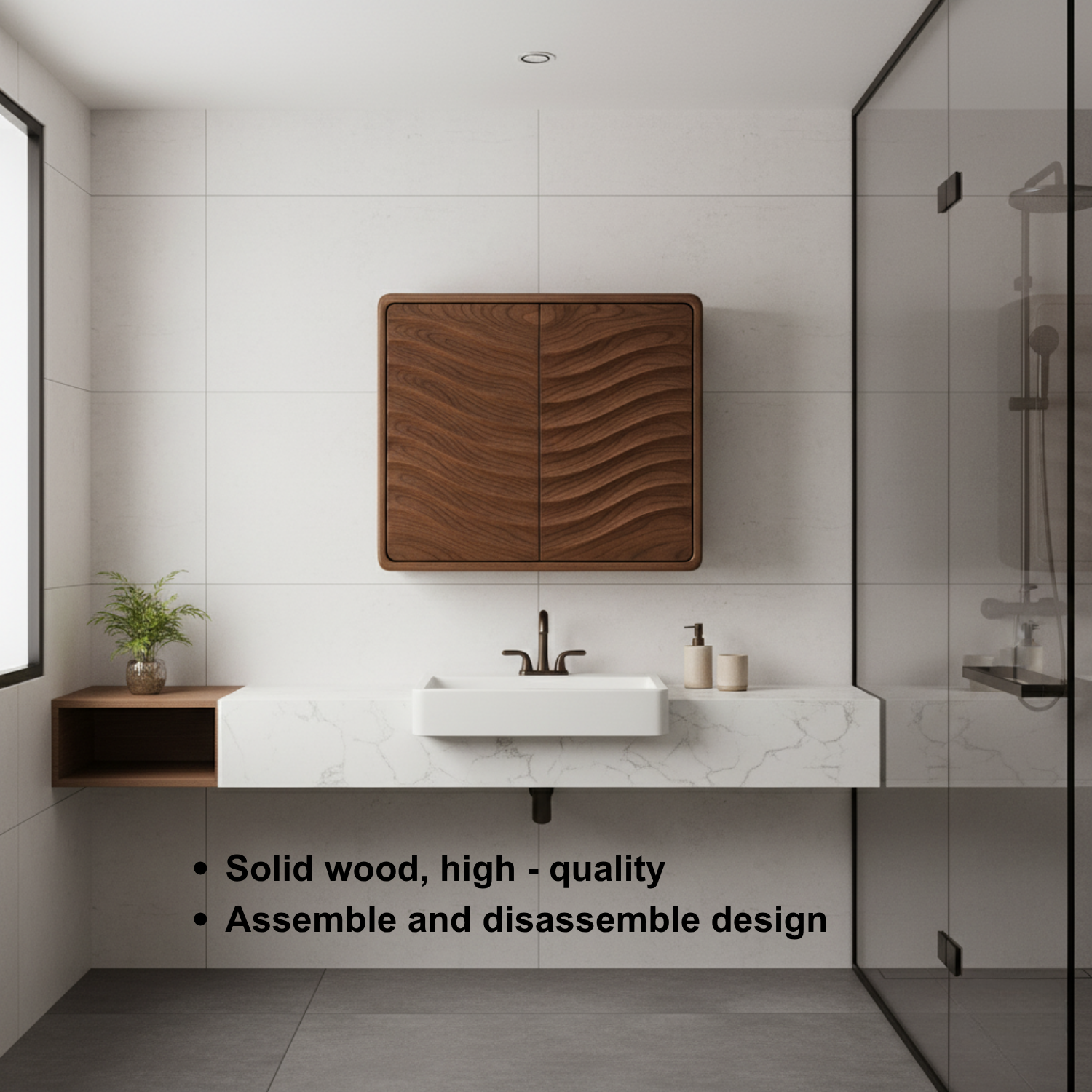 Handcrafted Solid Wood Curved Ripple Wall Cabinet for Modern Bathrooms Kitchnce