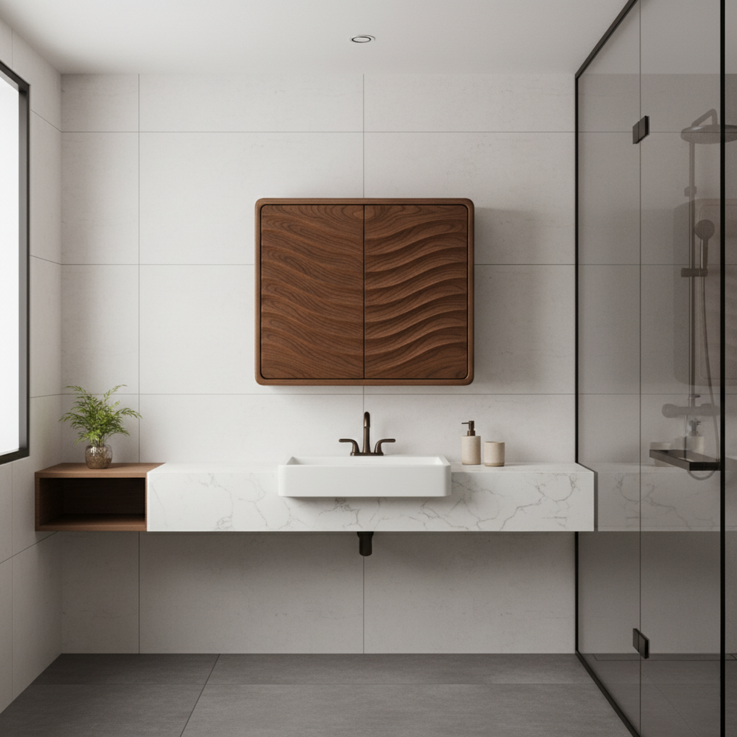 Handcrafted Solid Wood Curved Ripple Wall Cabinet for Modern Bathrooms Kitchnce