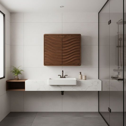 Handcrafted Solid Wood Curved Ripple Wall Cabinet for Modern Bathrooms Kitchnce