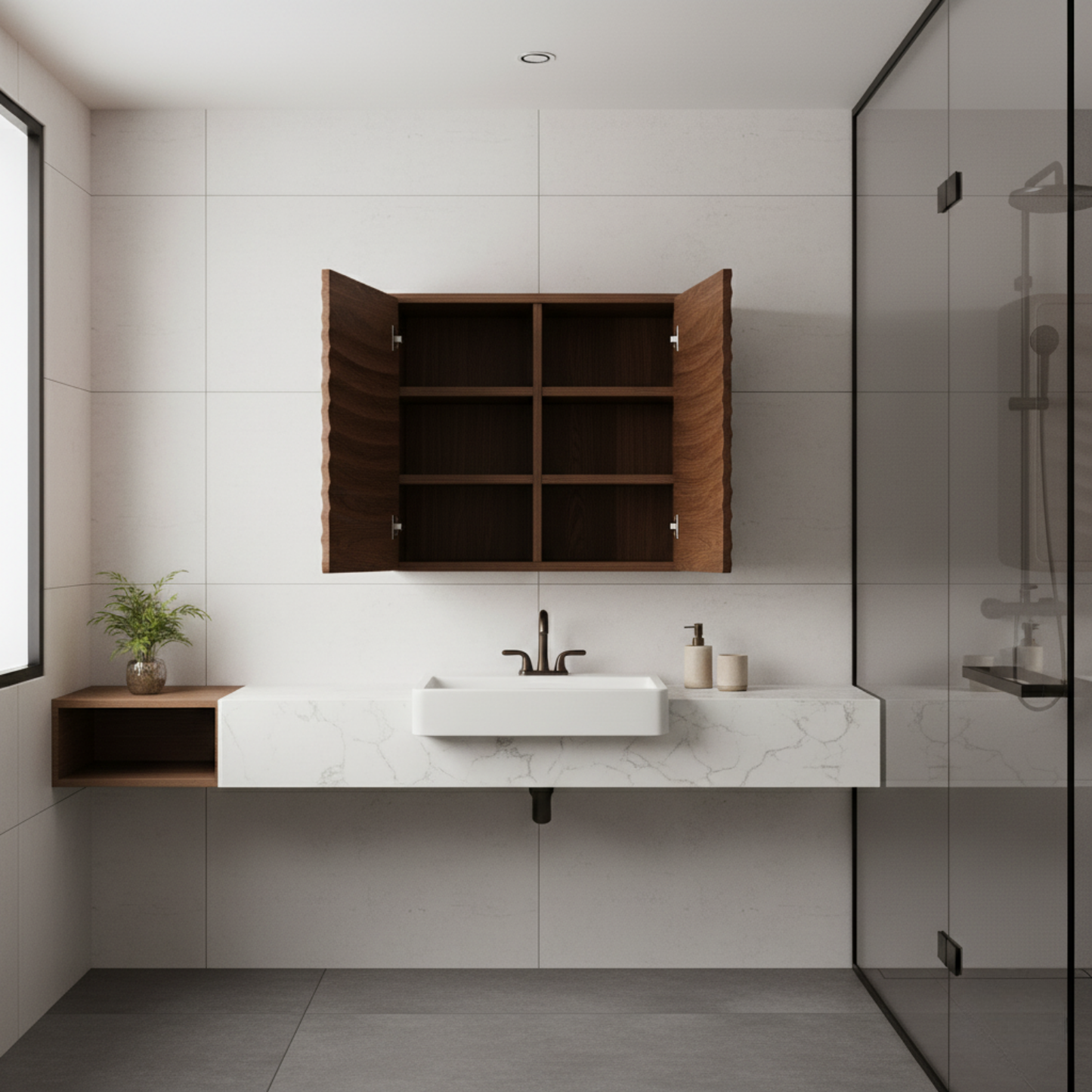 Handcrafted Solid Wood Curved Ripple Wall Cabinet for Modern Bathrooms Kitchnce