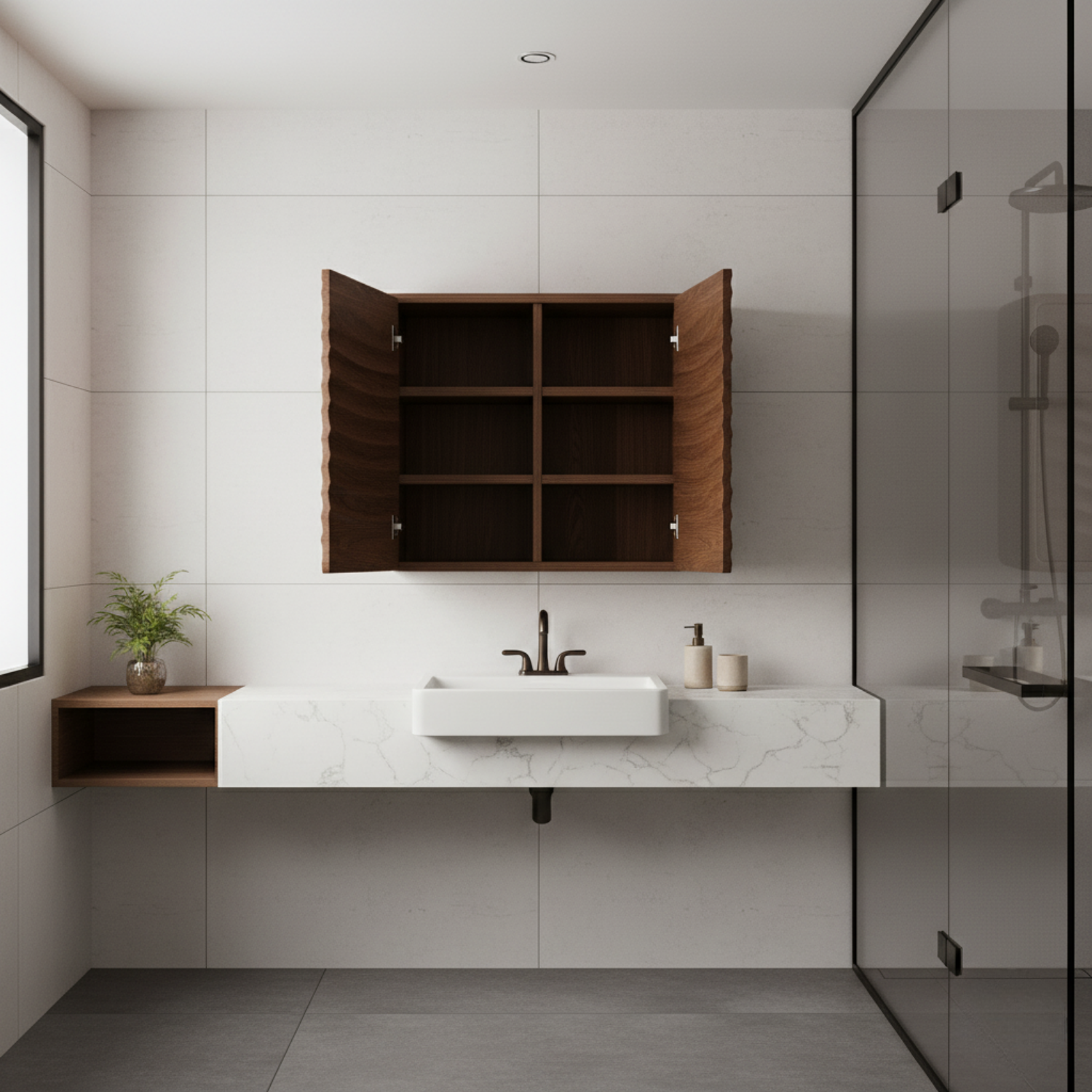 Handcrafted Solid Wood Curved Ripple Wall Cabinet for Modern Bathrooms Kitchnce