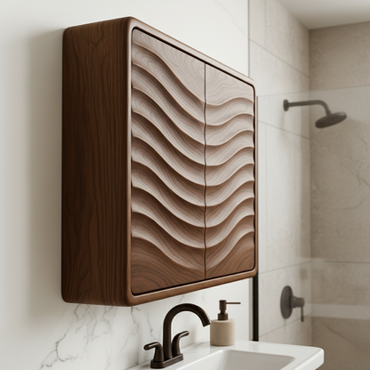 Handcrafted Solid Wood Curved Ripple Wall Cabinet for Modern Bathrooms Kitchnce