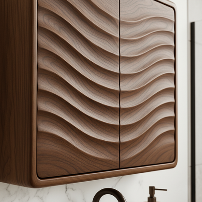 Handcrafted Solid Wood Curved Ripple Wall Cabinet for Modern Bathrooms Kitchnce