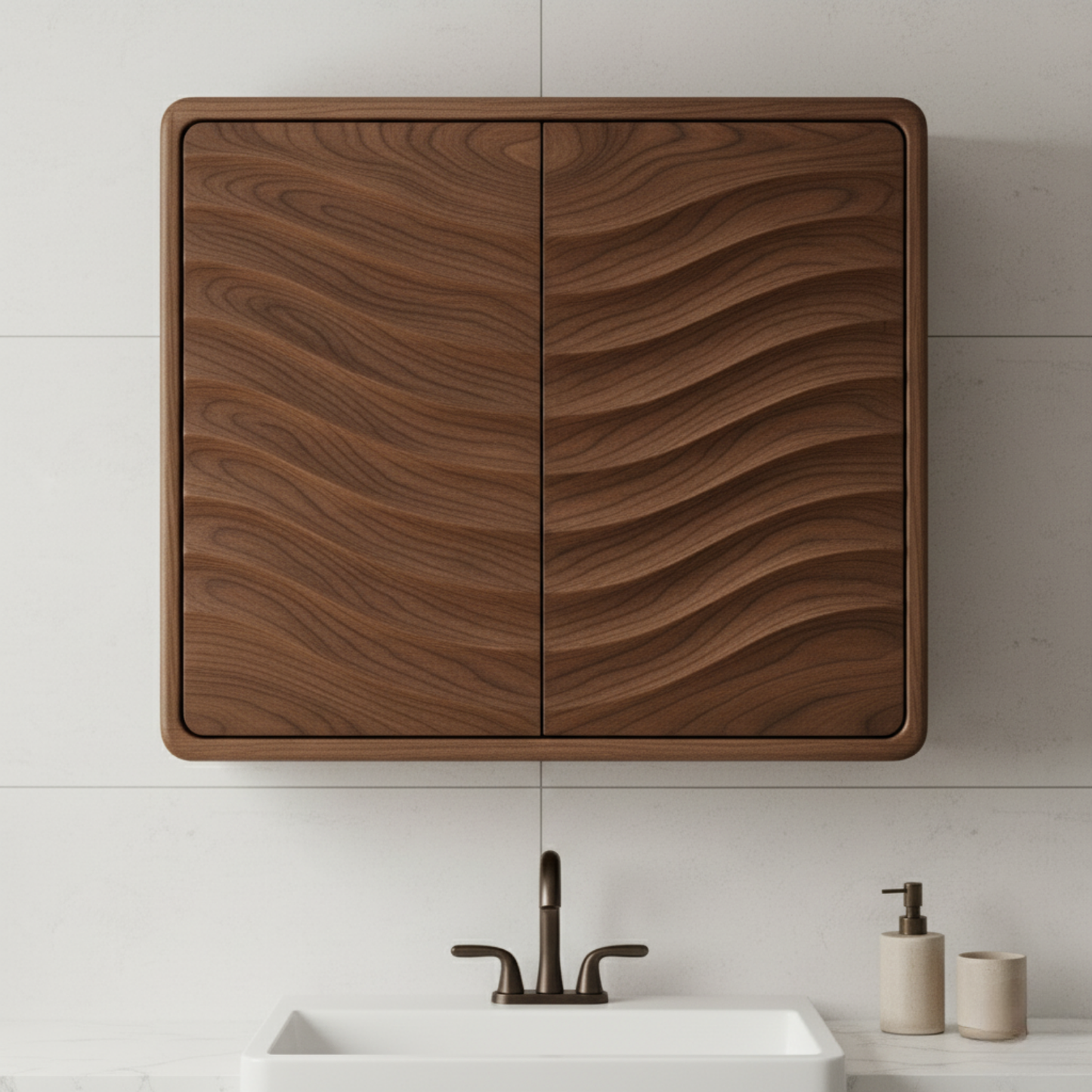 Handcrafted Solid Wood Curved Ripple Wall Cabinet for Modern Bathrooms Kitchnce