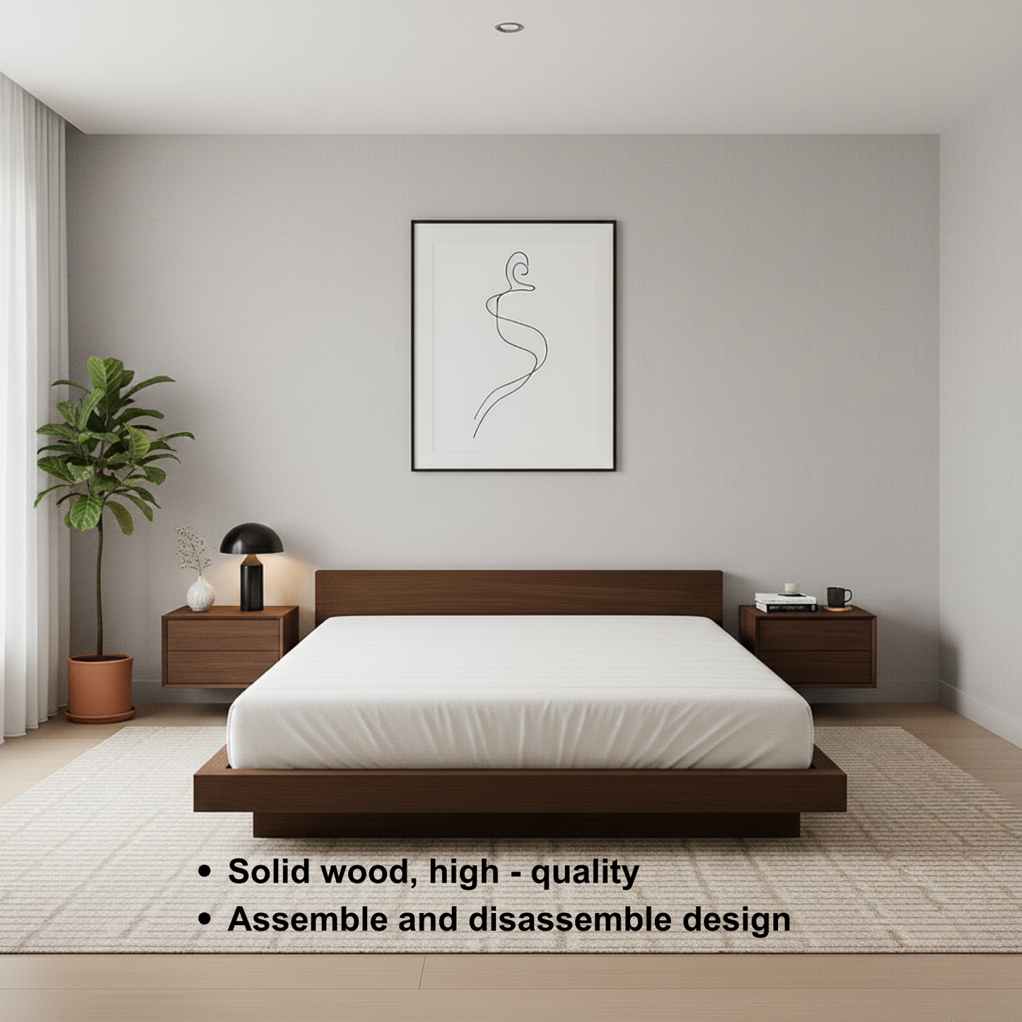 Handcrafted Solid Wood Platform Bed with Minimalist Headboard for Modern Bedrooms Kitchnce
