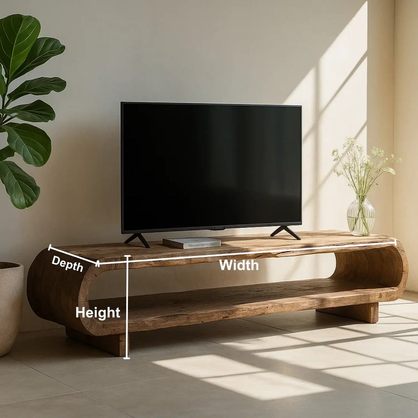 Handcrafted Solid Wood TV Stand – Organic Sculptural Media Console with Natural Rustic Finish and Open Shelves Kitchnce