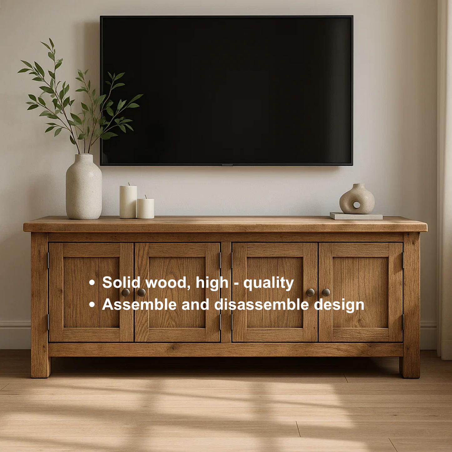 Handcrafted Solid Wood TV Stand – Rustic Farmhouse Media Console with Four Cabinet Doors for Living Room Storage