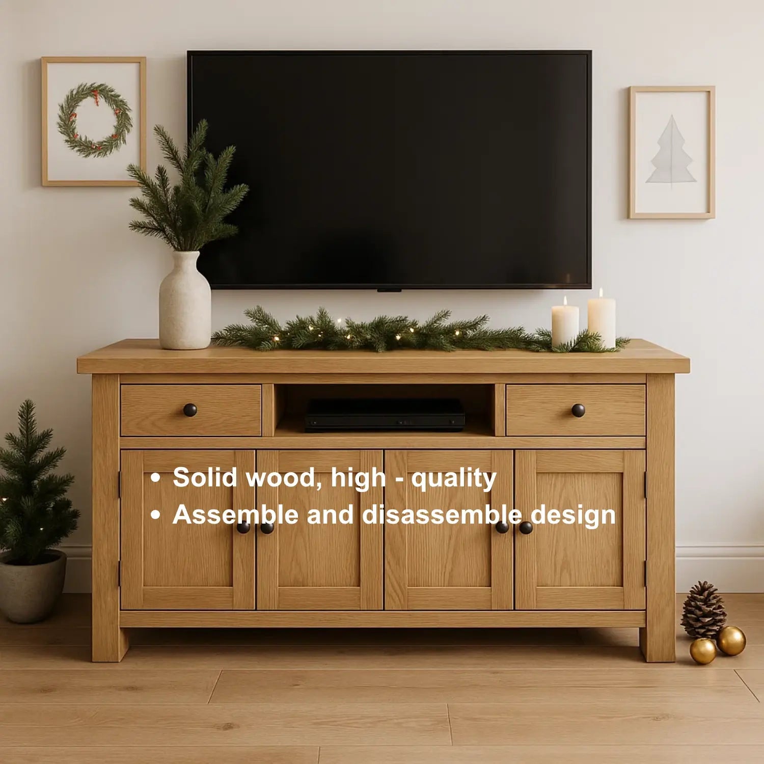 Handcrafted Solid Wood TV Stand – Rustic Farmhouse Media Console with Drawers and Cabinets for Cozy Living Room Kitchnce