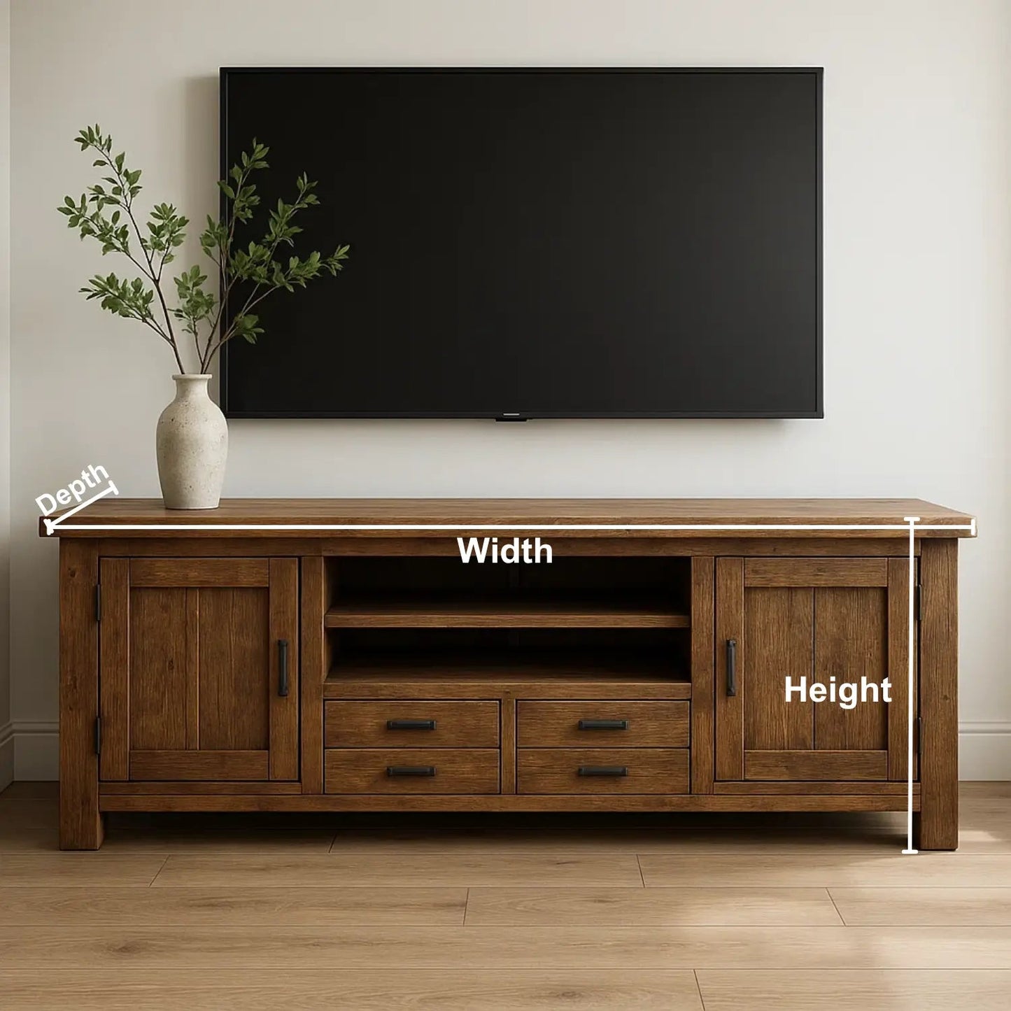 Handcrafted Solid Wood TV Stand – Rustic Farmhouse Media Console with Drawers, Cabinets & Open Shelves Kitchnce
