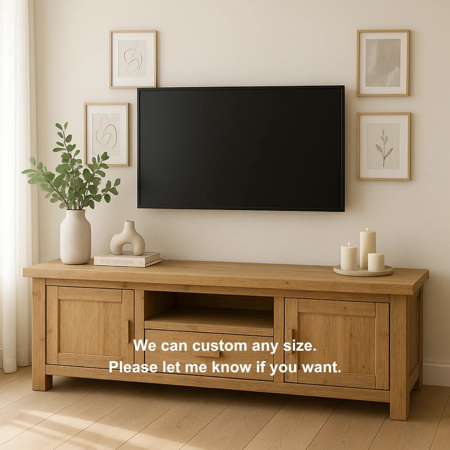 Handcrafted Solid Wood TV Stand – Modern Farmhouse Media Console with Drawer, Cabinets & Open Shelf Kitchnce