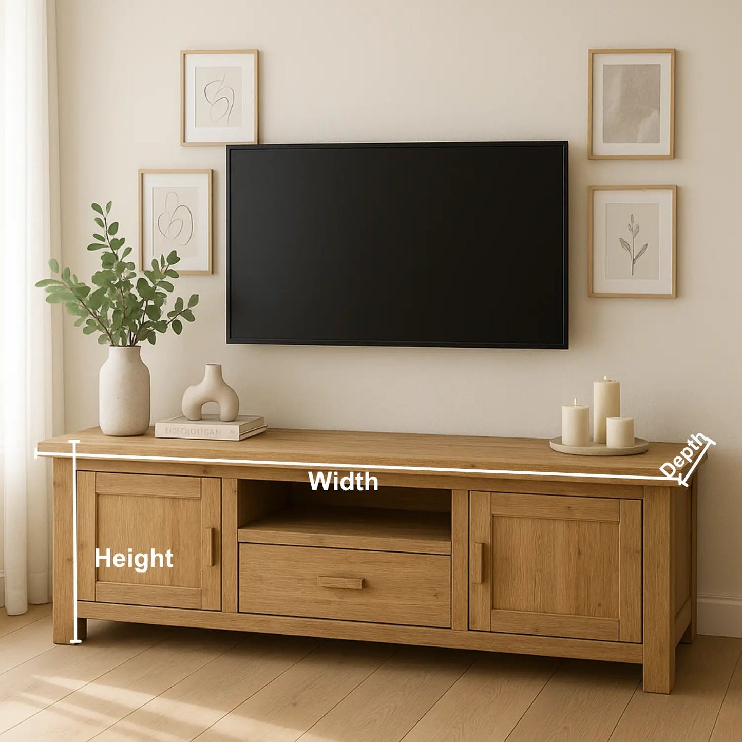 Handcrafted Solid Wood TV Stand – Modern Farmhouse Media Console with Drawer, Cabinets & Open Shelf Kitchnce