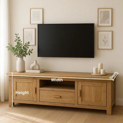 Handcrafted Solid Wood TV Stand – Modern Farmhouse Media Console with Drawer, Cabinets & Open Shelf Kitchnce