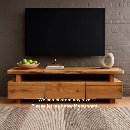 Handcrafted Solid Wood TV Stand – Modern Minimalist Media Console with Three Drawers and Natural Live Edge Design Kitchnce