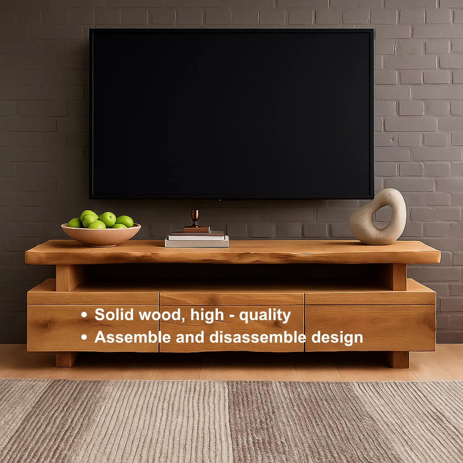 Handcrafted Solid Wood TV Stand – Modern Minimalist Media Console with Three Drawers and Natural Live Edge Design Kitchnce