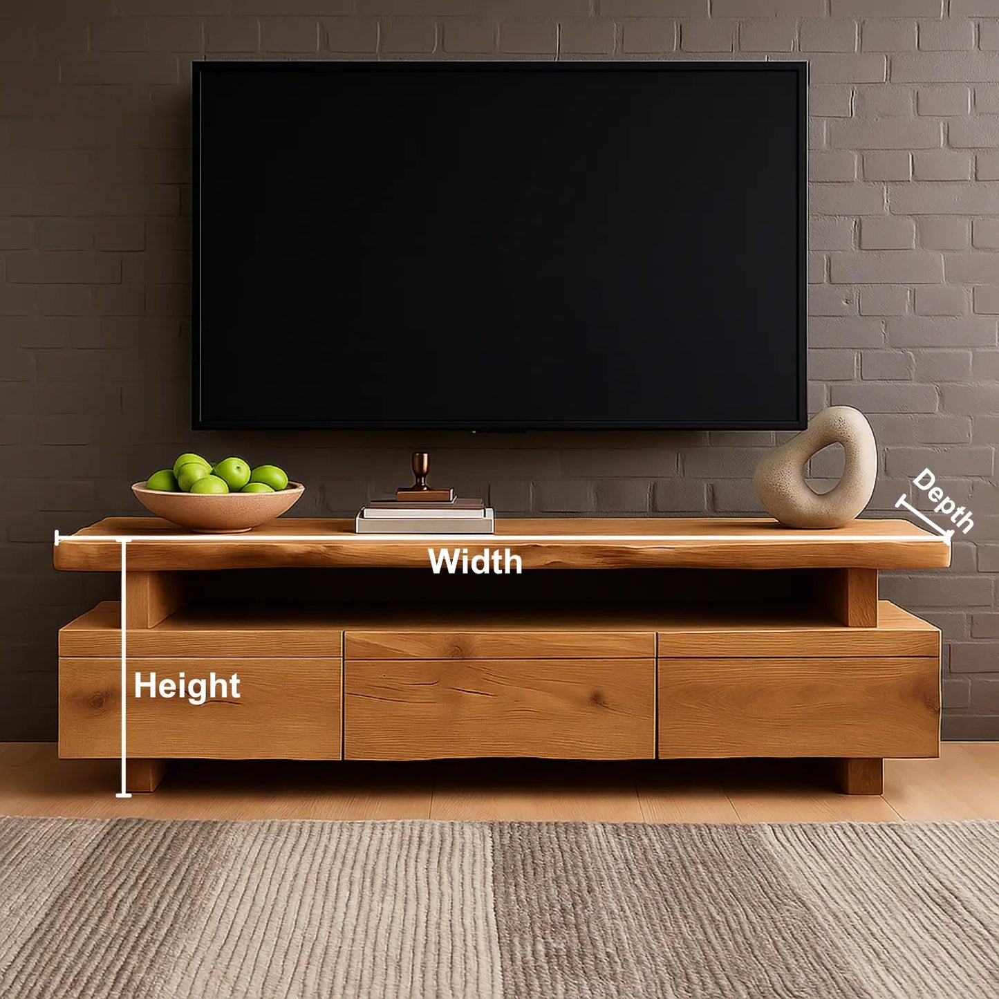 Handcrafted Solid Wood TV Stand – Modern Minimalist Media Console with Three Drawers and Natural Live Edge Design Kitchnce
