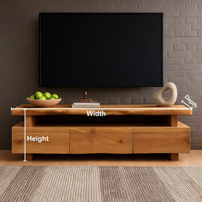 Handcrafted Solid Wood TV Stand – Modern Minimalist Media Console with Three Drawers and Natural Live Edge Design Kitchnce