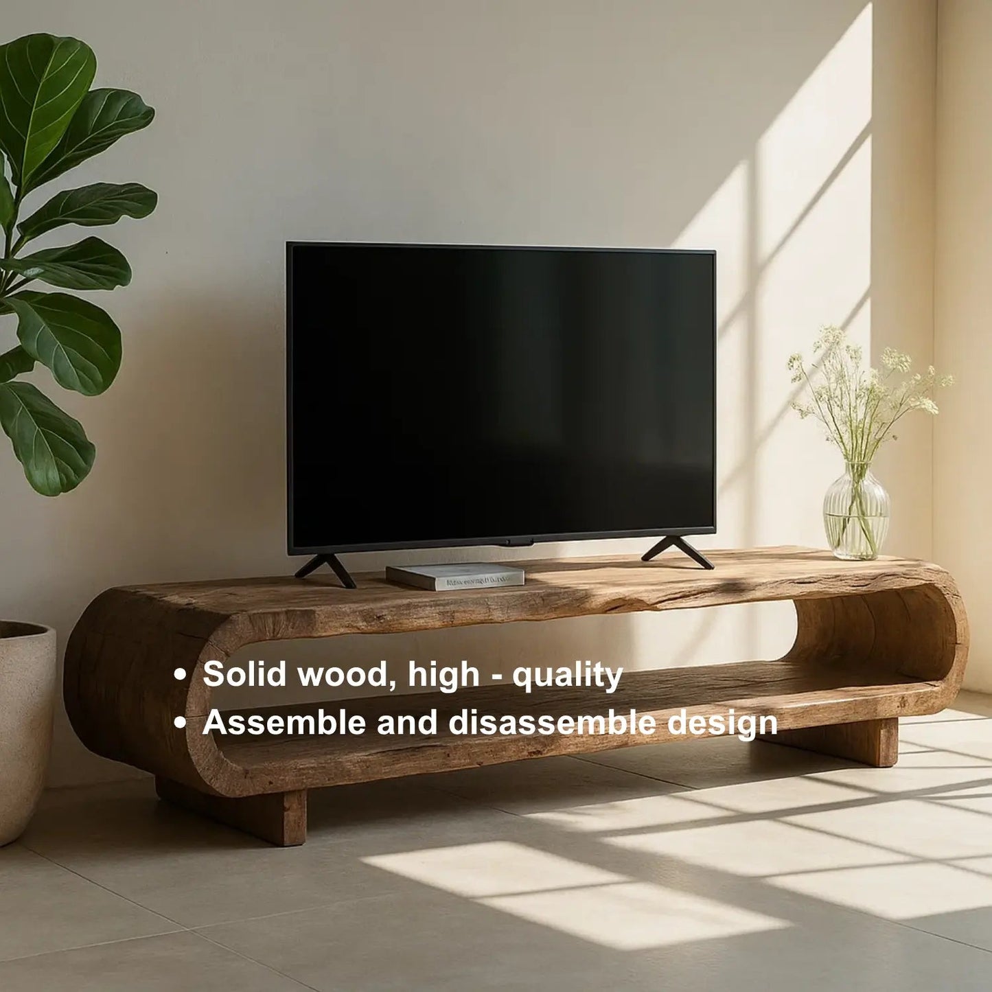 Handcrafted Solid Wood TV Stand – Organic Sculptural Media Console with Natural Rustic Finish and Open Shelves Kitchnce
