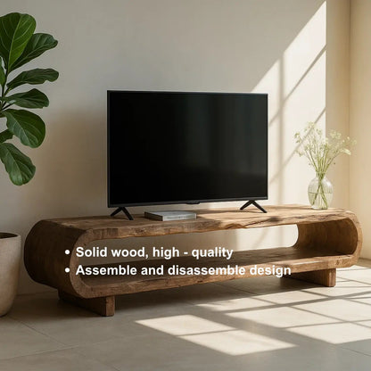 Handcrafted Solid Wood TV Stand – Organic Sculptural Media Console with Natural Rustic Finish and Open Shelves Kitchnce