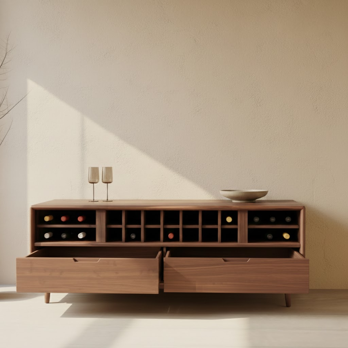 Handcrafted Solid Wood Wine Cabinet Console Mid Century Modern Low Bar Storage Furniture Sideboard