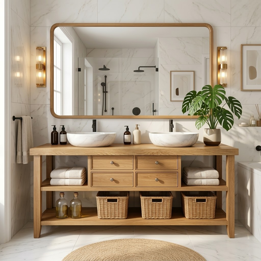 Modern Wooden Bathroom Vanity with Dual Marble Sinks and Ample Storage Kitchnce