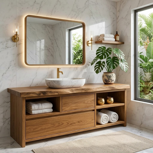 Elegant Wooden Bathroom Vanity with Marble Sink and LED Mirror Kitchnce