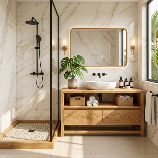 Modern Oak Bathroom Vanity with Marble Sink and LED Mirror Kitchnce