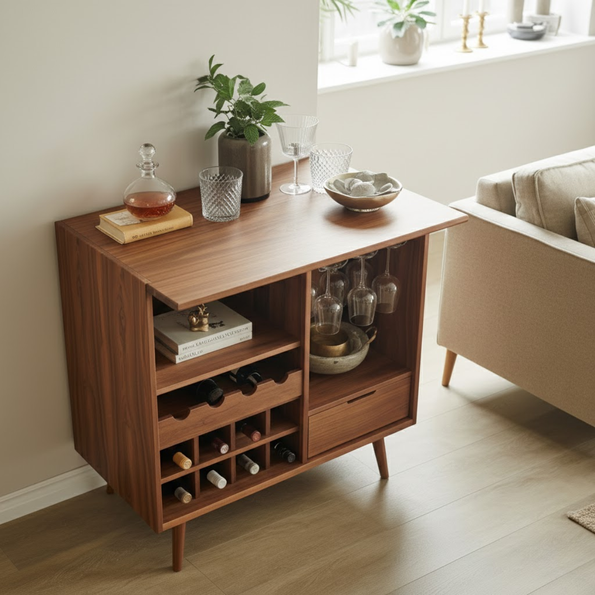 Handcrafted Solid Wood Wine Cabinet Compact Bar Storage with Glass Holder Mid Century Style