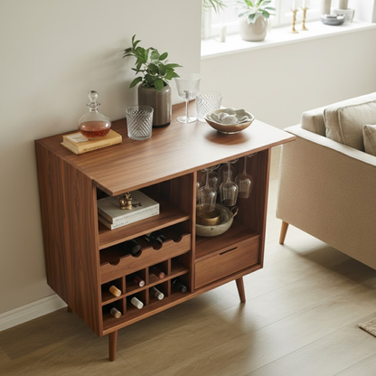 Handcrafted Solid Wood Wine Cabinet Compact Bar Storage with Glass Holder Mid Century Style