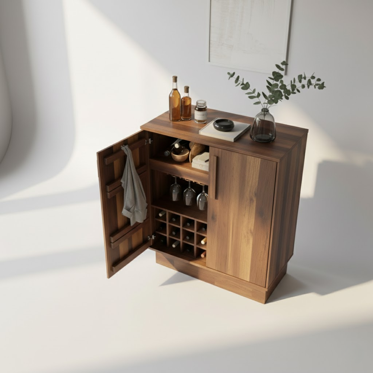 Handcrafted Solid Wood Wine Cabinet Mid Century Bar with Glass Rack and Bottle Storage-Sideboard