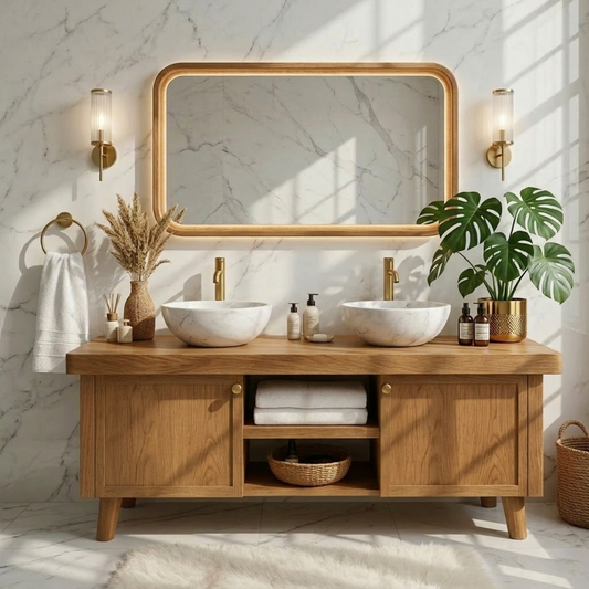 Stylish Wooden Double Sink Bathroom Vanity with Elegant Storage Kitchnce