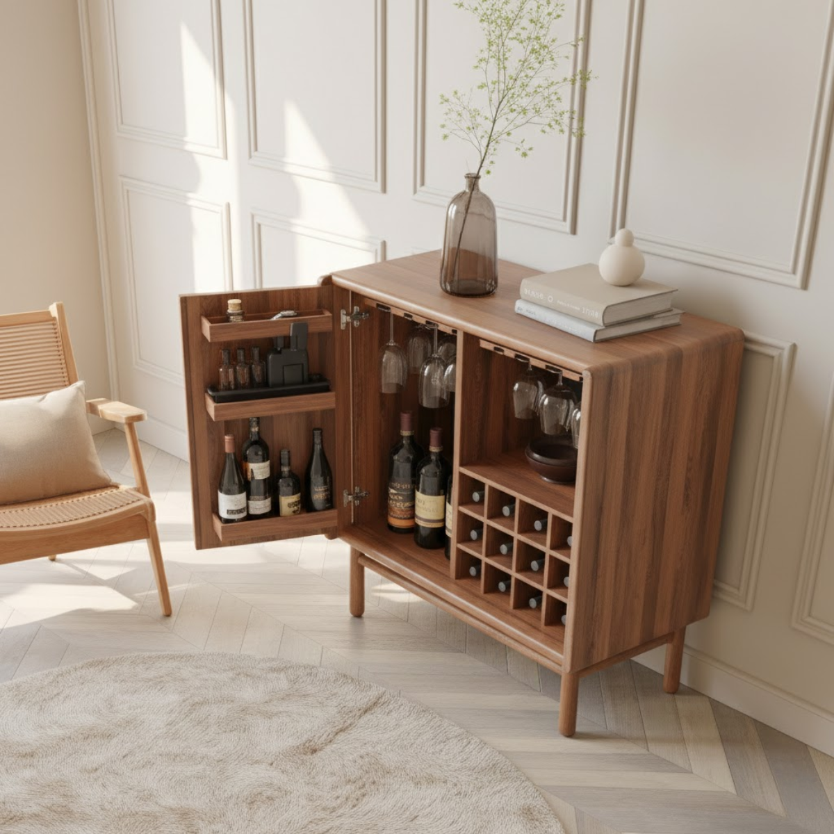 Handcrafted Solid Wood Wine Cabinet Mid Century Bar with Glass Rack and Bottle Storage