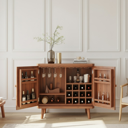 Handcrafted Solid Wood Wine Cabinet Mid Century Bar Sideboard with Glass Rack Storage