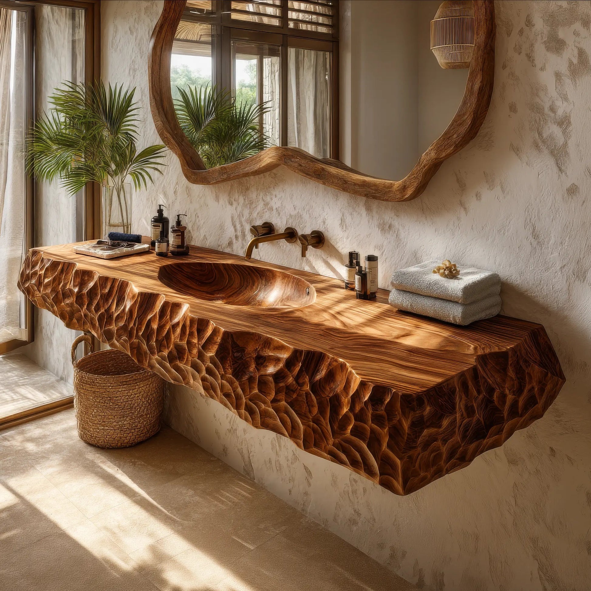 Dravento Handcrafted Sculpted Solid Wood Floating Bathroom Vanity with Integrated Sink SPA245346 Kitchnce