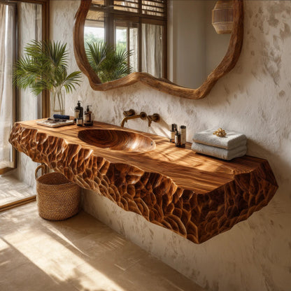 Dravento Handcrafted Sculpted Solid Wood Floating Bathroom Vanity with Integrated Sink SPA245346 Kitchnce