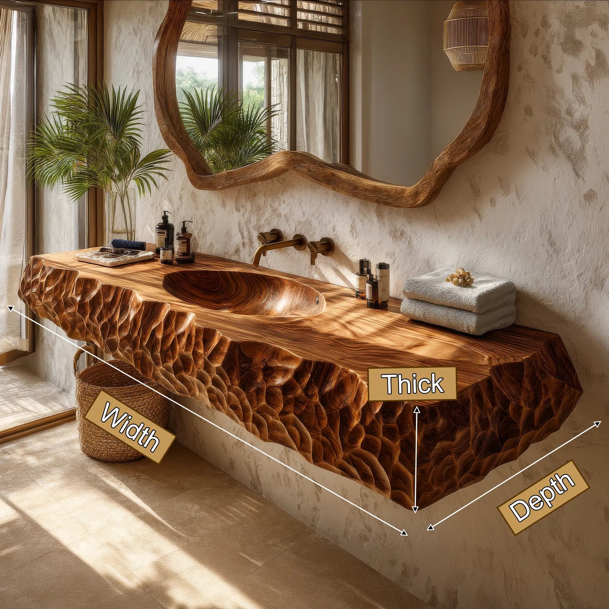 Dravento Handcrafted Sculpted Solid Wood Floating Bathroom Vanity with Integrated Sink SPA245346 Kitchnce