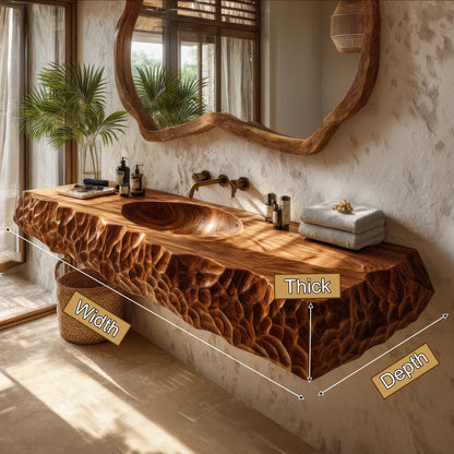 Dravento Handcrafted Sculpted Solid Wood Floating Bathroom Vanity with Integrated Sink SPA245346 Kitchnce