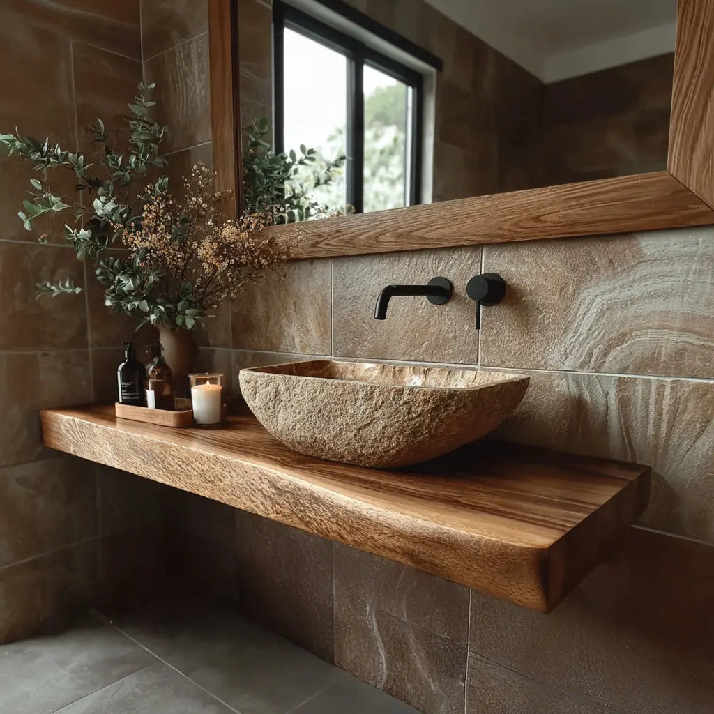 Echra Rustic Handcrafted Solid Wood Floating Bathroom Vanity Slab Kitchnce
